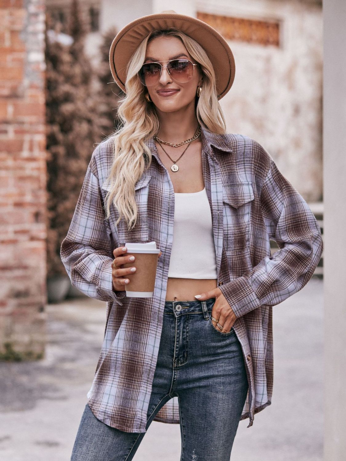 Women's Plaid Longline Shirt with Pockets - Dropped Shoulder Oversized Design