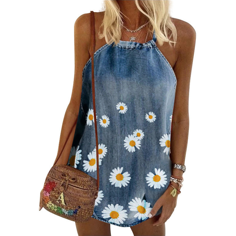 Women's Denim Camisole Top with Printed Small Daisy Pattern