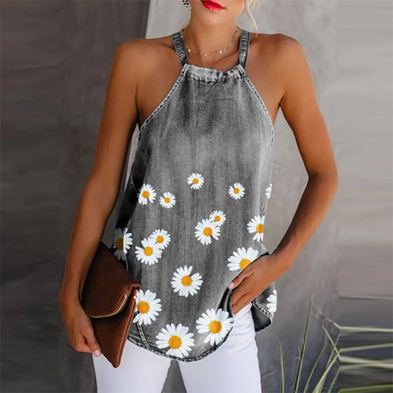 Women's Denim Camisole Top with Printed Small Daisy Pattern