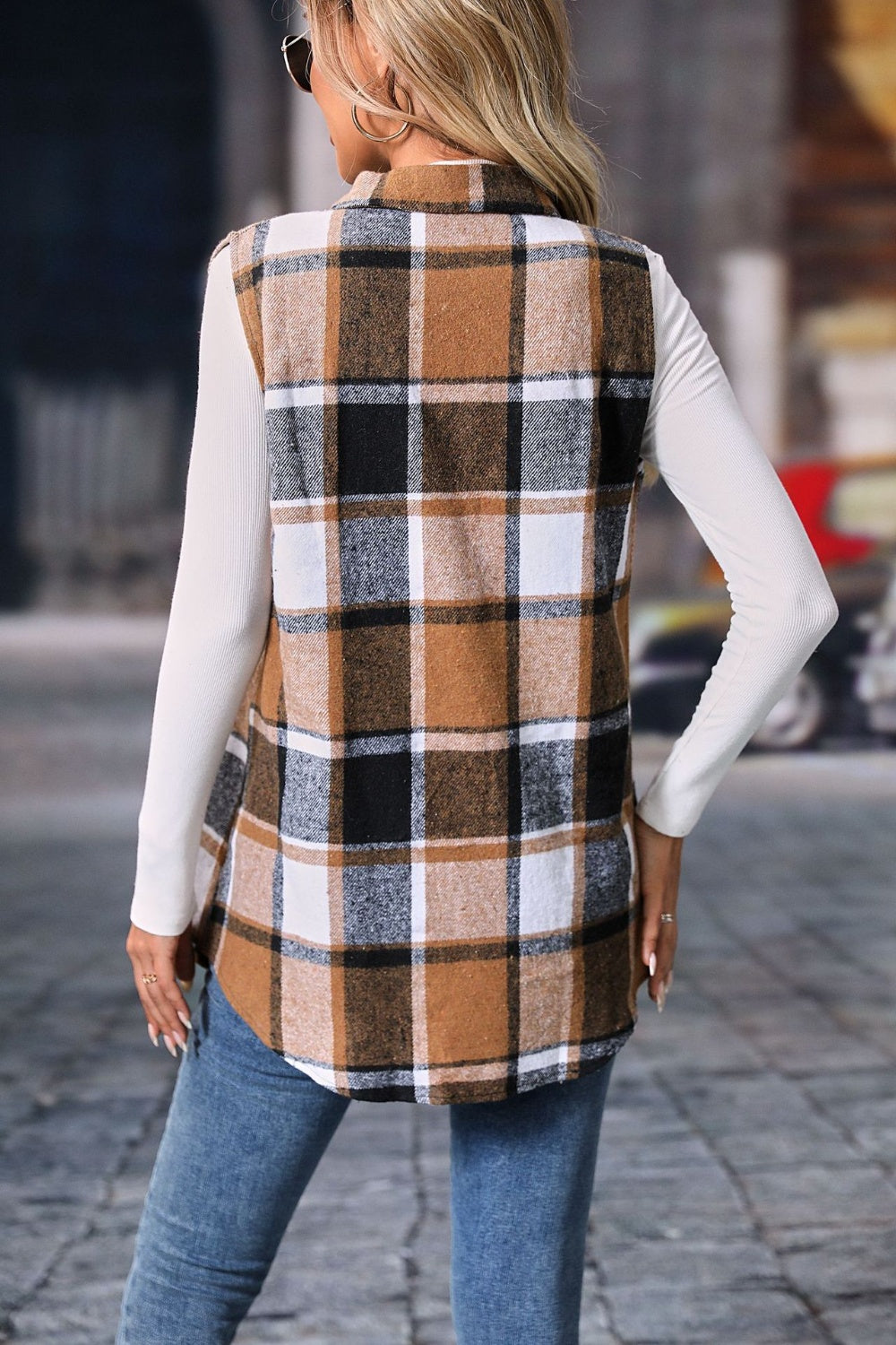 Women's Versatile Plaid Vest Coat with Button Closure - Ideal for Layering