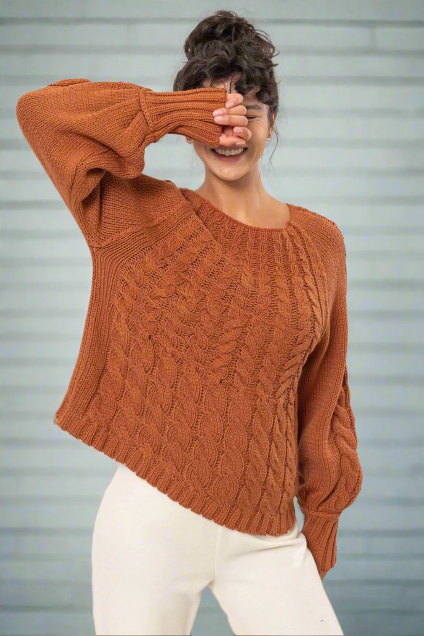 Women's Cable-Knit Round Neck Raglan Sleeve Sweater – Cozy Cotton-Acrylic Blend for Winter Style