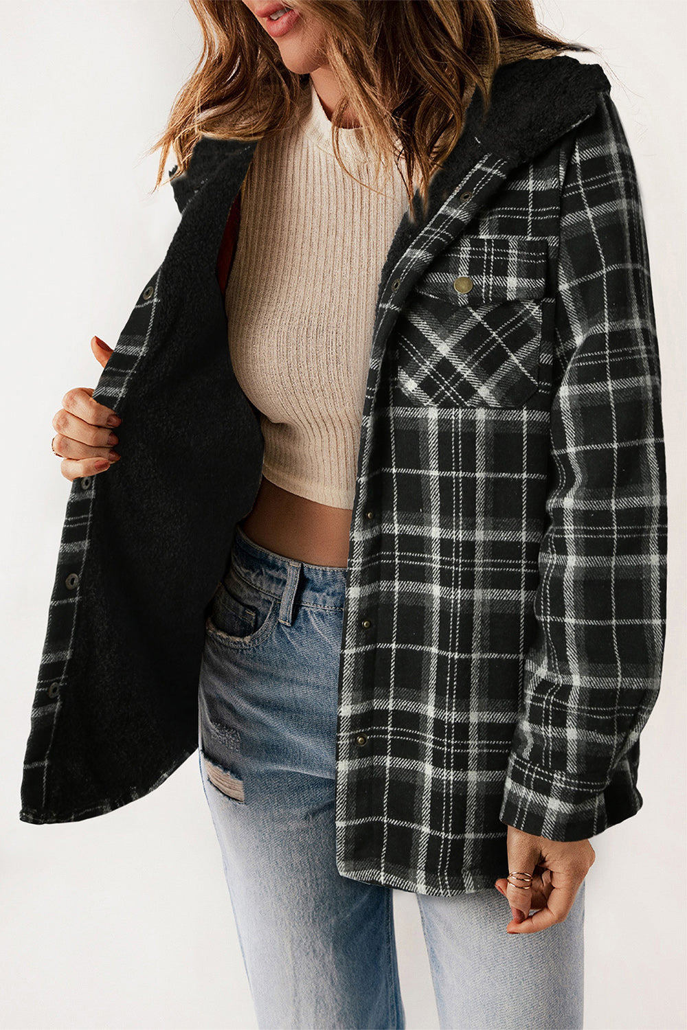 Women’s Plaid Hooded Jacket with Snap Front and Pockets - 100% Polyester Seasonal Outerwear