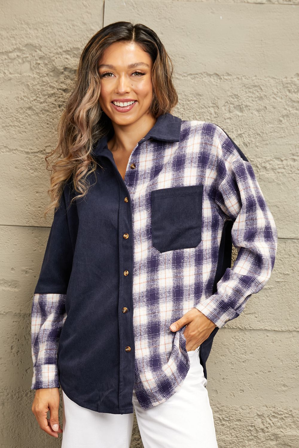 Women's Double Take Plaid Color Block Corduroy Shacket with Dropped Shoulders