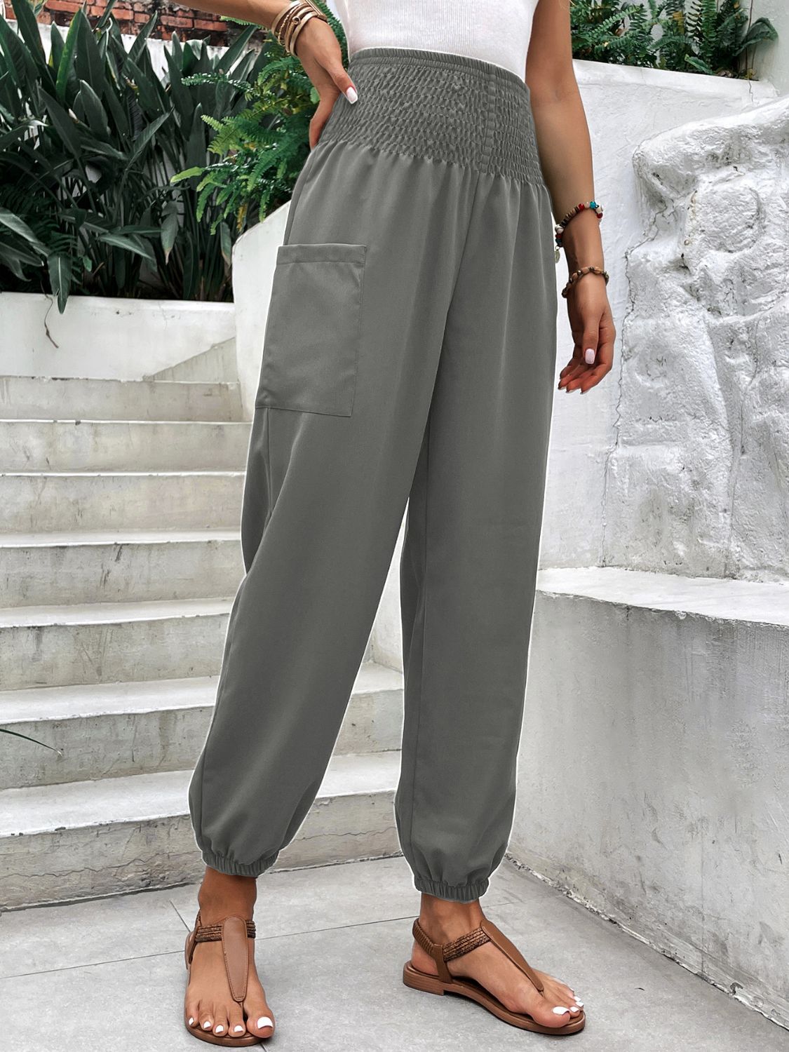 High Rise Smocked Joggers for Women with Pockets | Soft and Stretchy Polyester-Spandex Blend