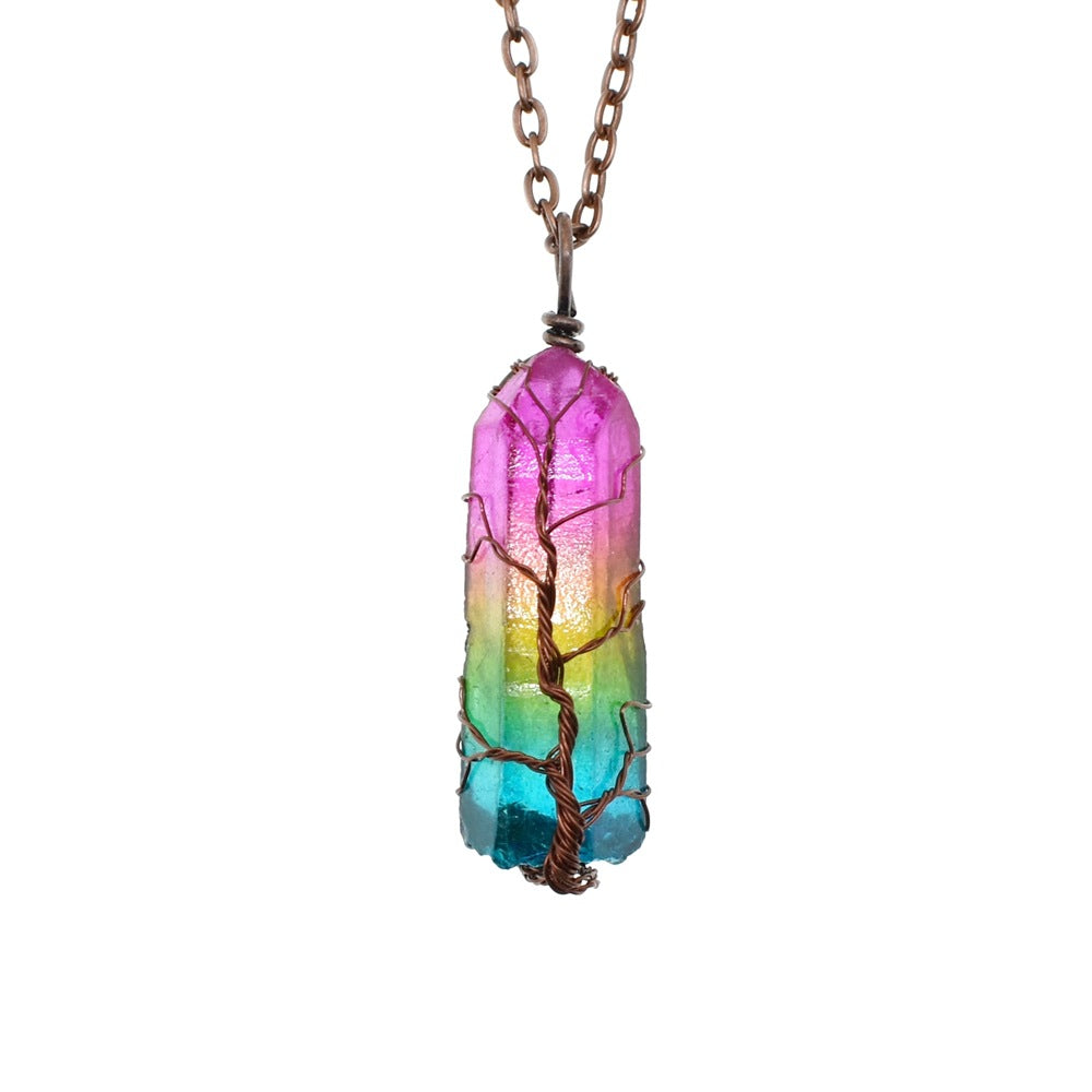 Stone Crystal Pillar Tree Of Life Pendant Necklace Natural Rainbow Column Design O-Chain Adjustable Comfort Fit