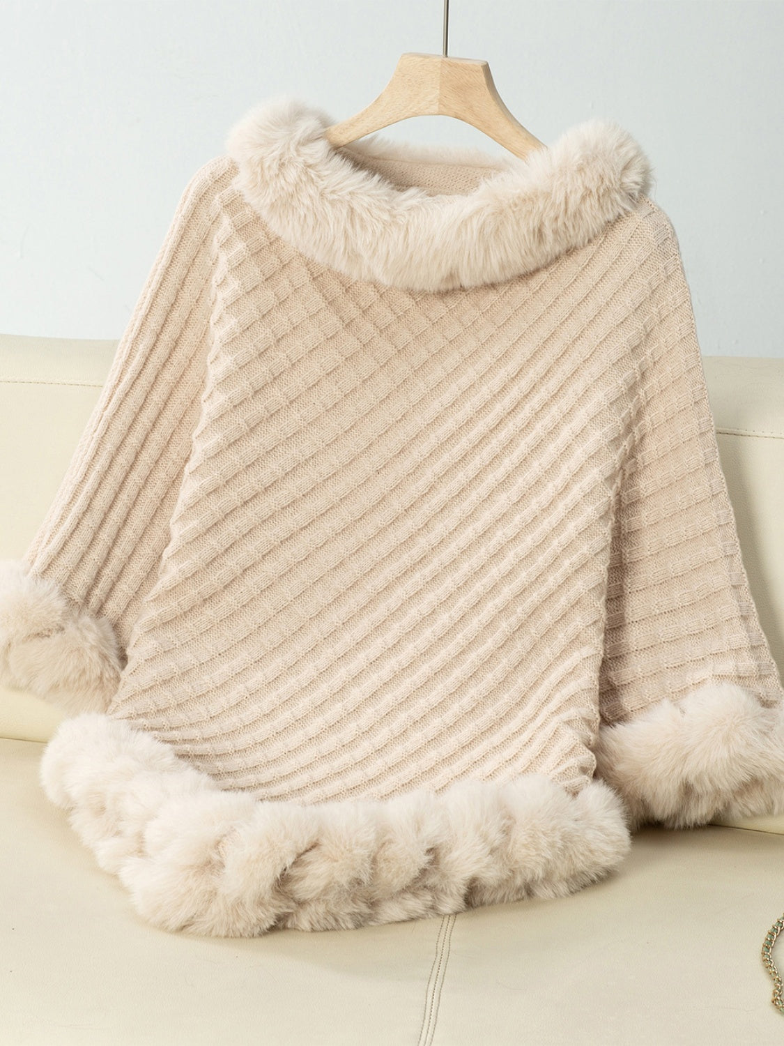 Women's Fuzzy Trim Three-Quarter Sleeve Poncho | Soft Acrylic Texture for Everyday Wear