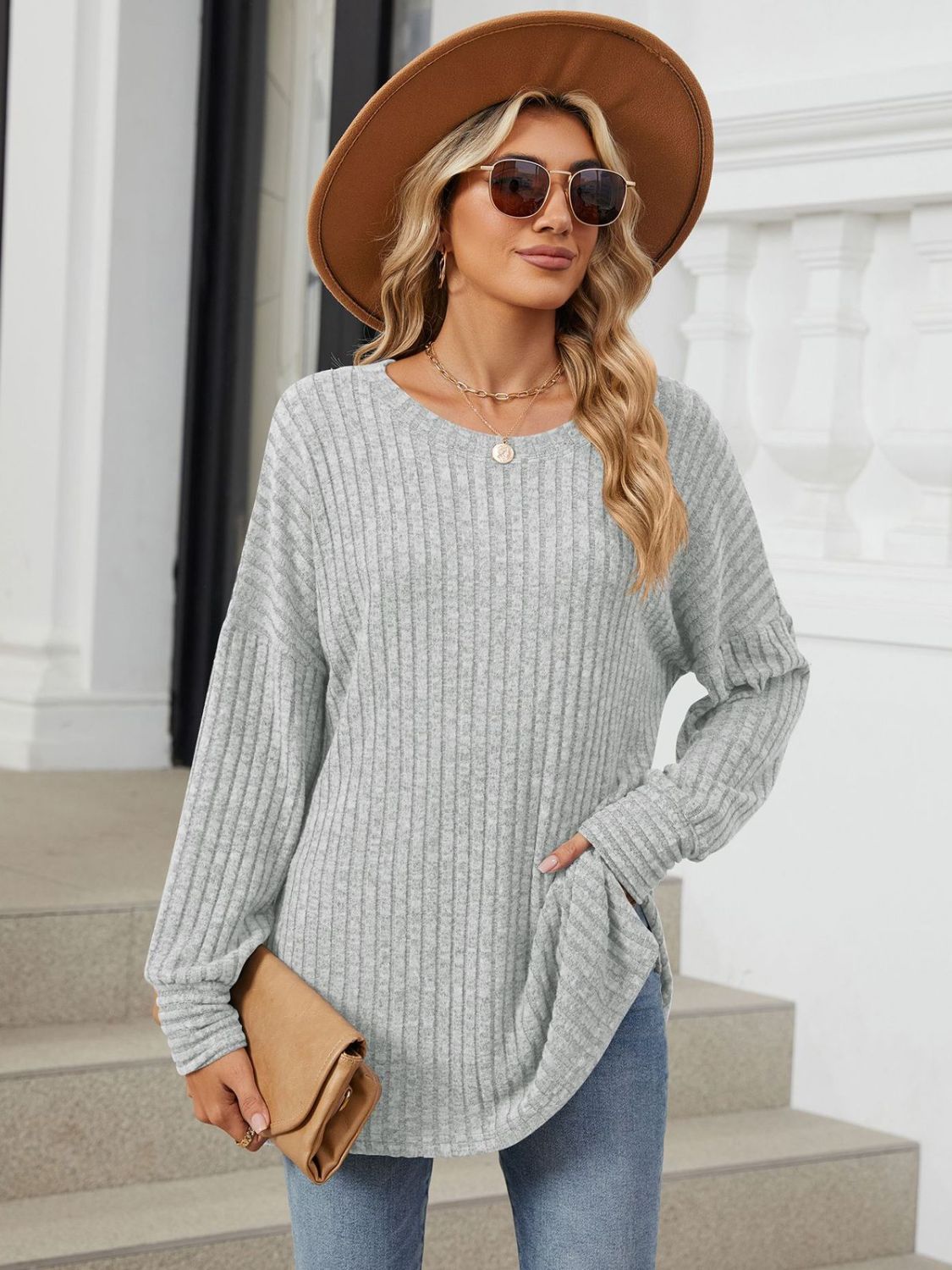 Women’s Comfortable Ribbed Long Sleeve Shirt - Stylish Round Neck Design