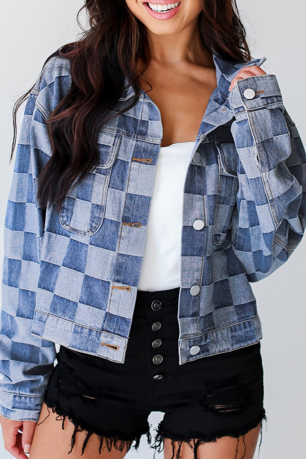 Women's Stylish Checkered Button-Up Denim Jacket with Pockets | Durable Cotton-Polyester Blend