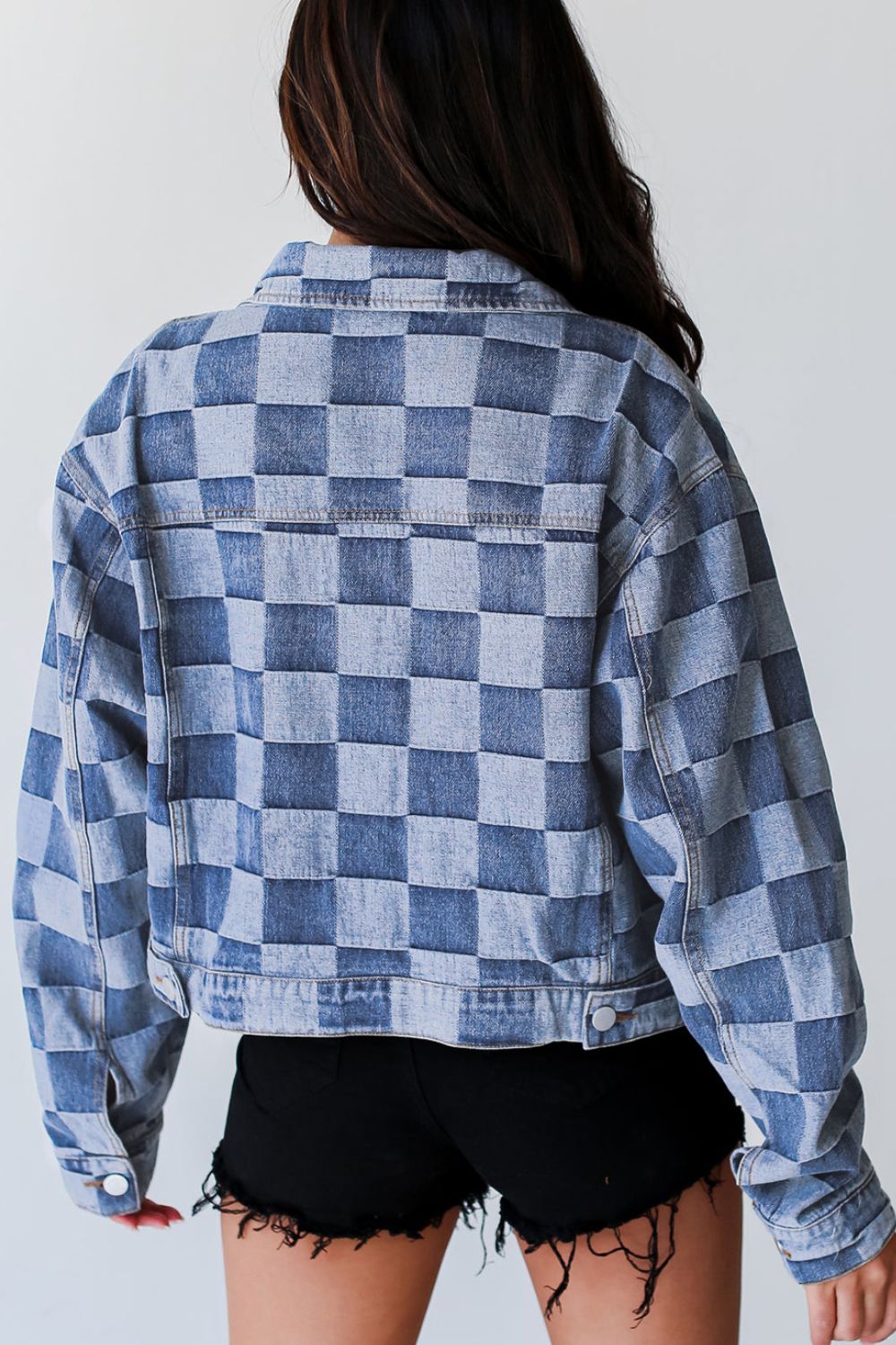 Women's Stylish Checkered Button-Up Denim Jacket with Pockets | Durable Cotton-Polyester Blend