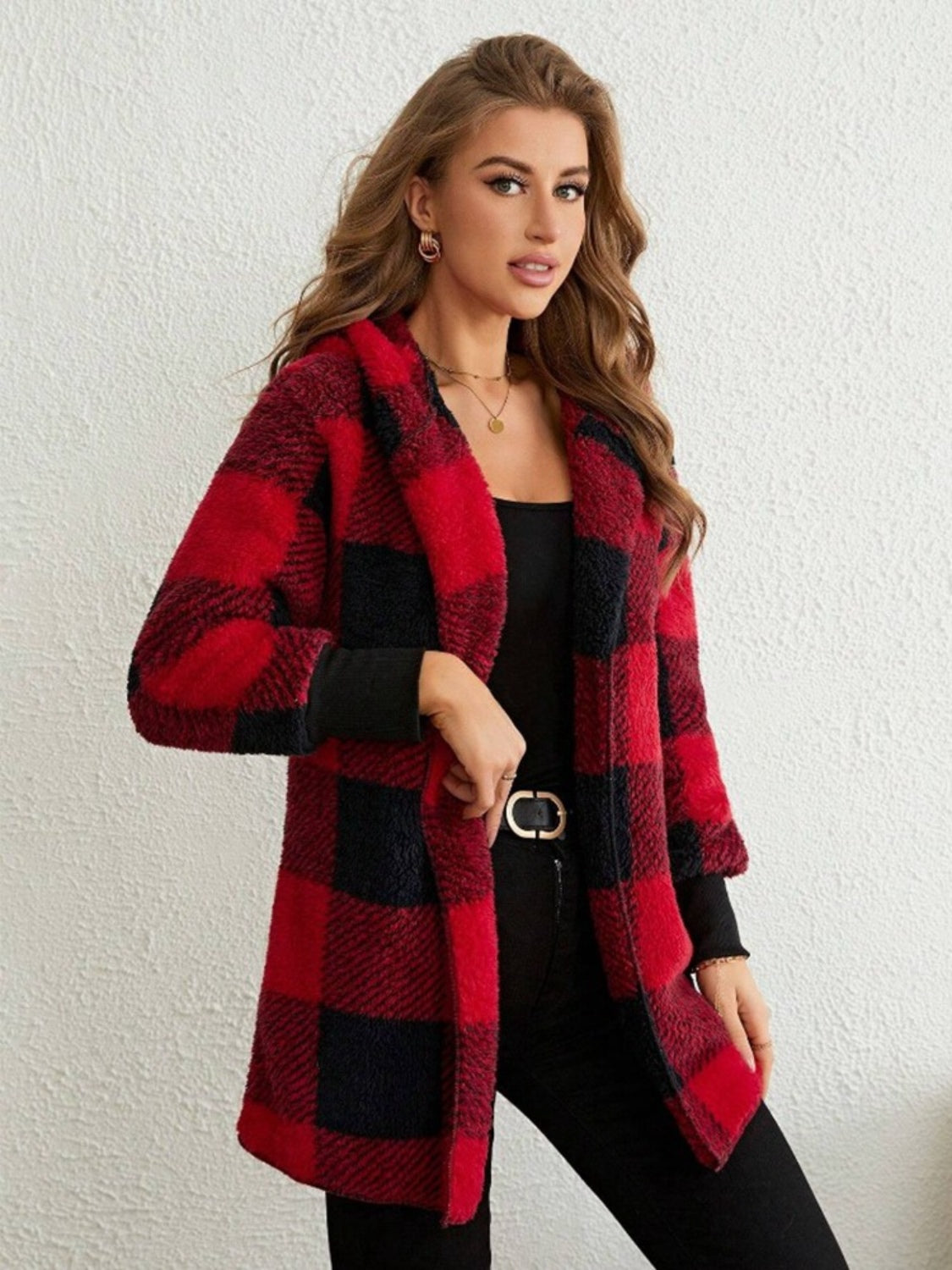 Women's Plaid Long Sleeve Hooded Coat with Comfortable Non-Lined Design