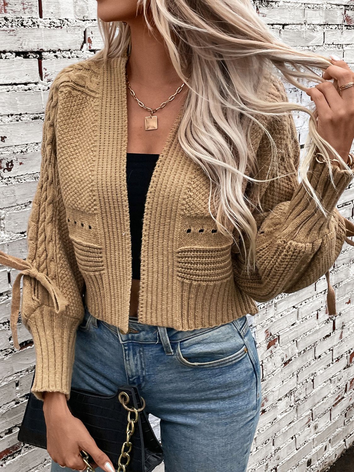 Women's Cable-Knit Lantern Sleeve Open Front Cardigan with Tied Details | Soft and Versatile Knitwear