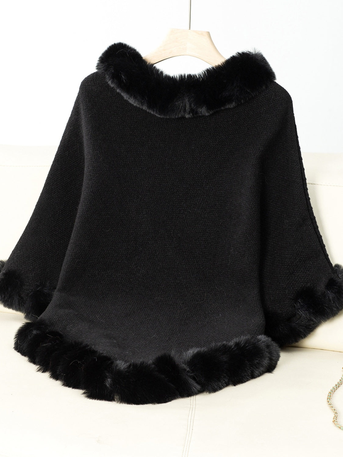 Women's Fuzzy Trim Three-Quarter Sleeve Poncho | Soft Acrylic Texture for Everyday Wear