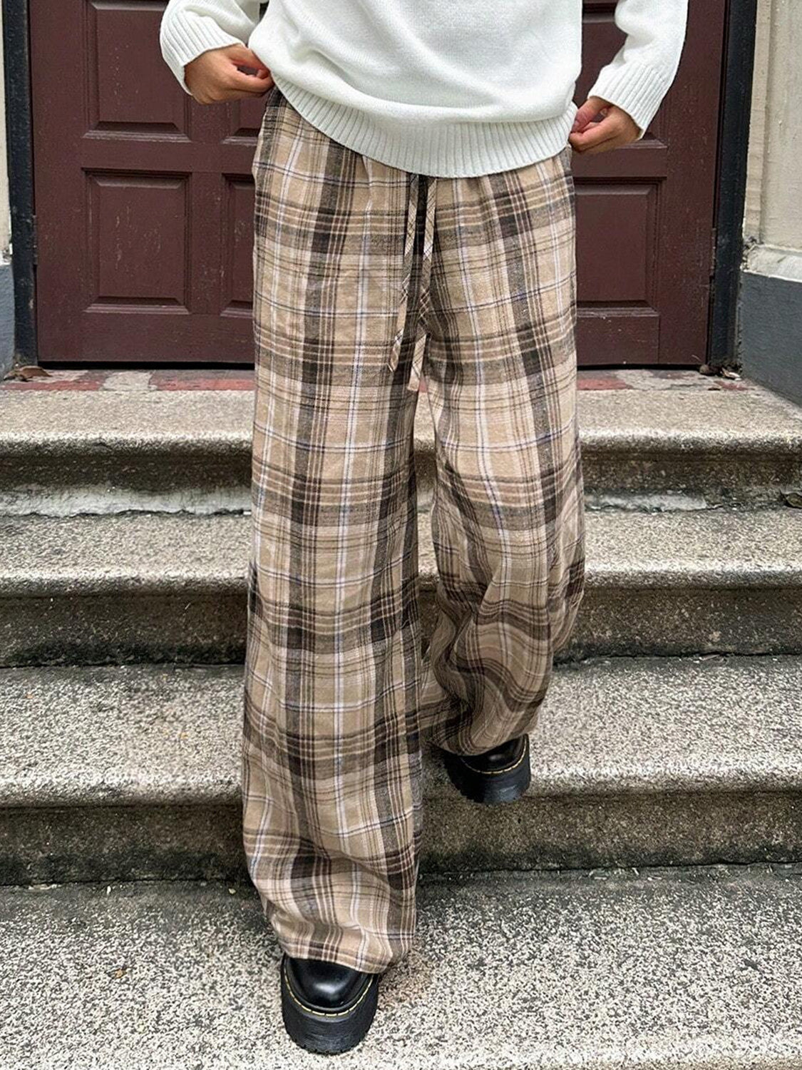 Women's Drawstring Plaid Wide Leg Pants | 100% Polyester | Stylish & Comfortable Trousers