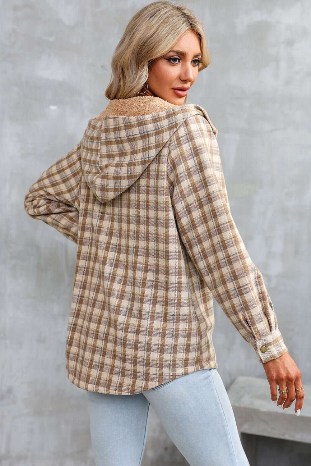 Women’s Plaid Hooded Jacket with Snap Front and Pockets - 100% Polyester Seasonal Outerwear