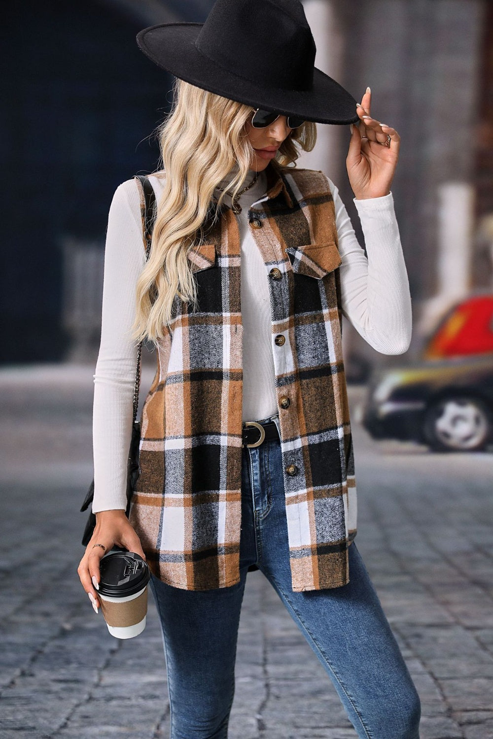 Women's Versatile Plaid Vest Coat with Button Closure - Ideal for Layering