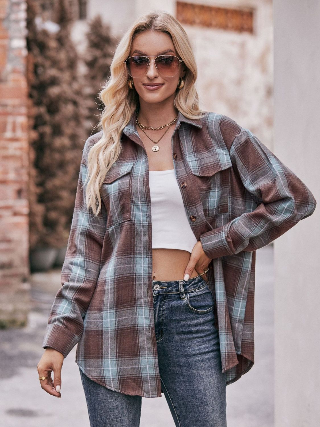 Women's Plaid Longline Shirt with Pockets - Dropped Shoulder Oversized Design