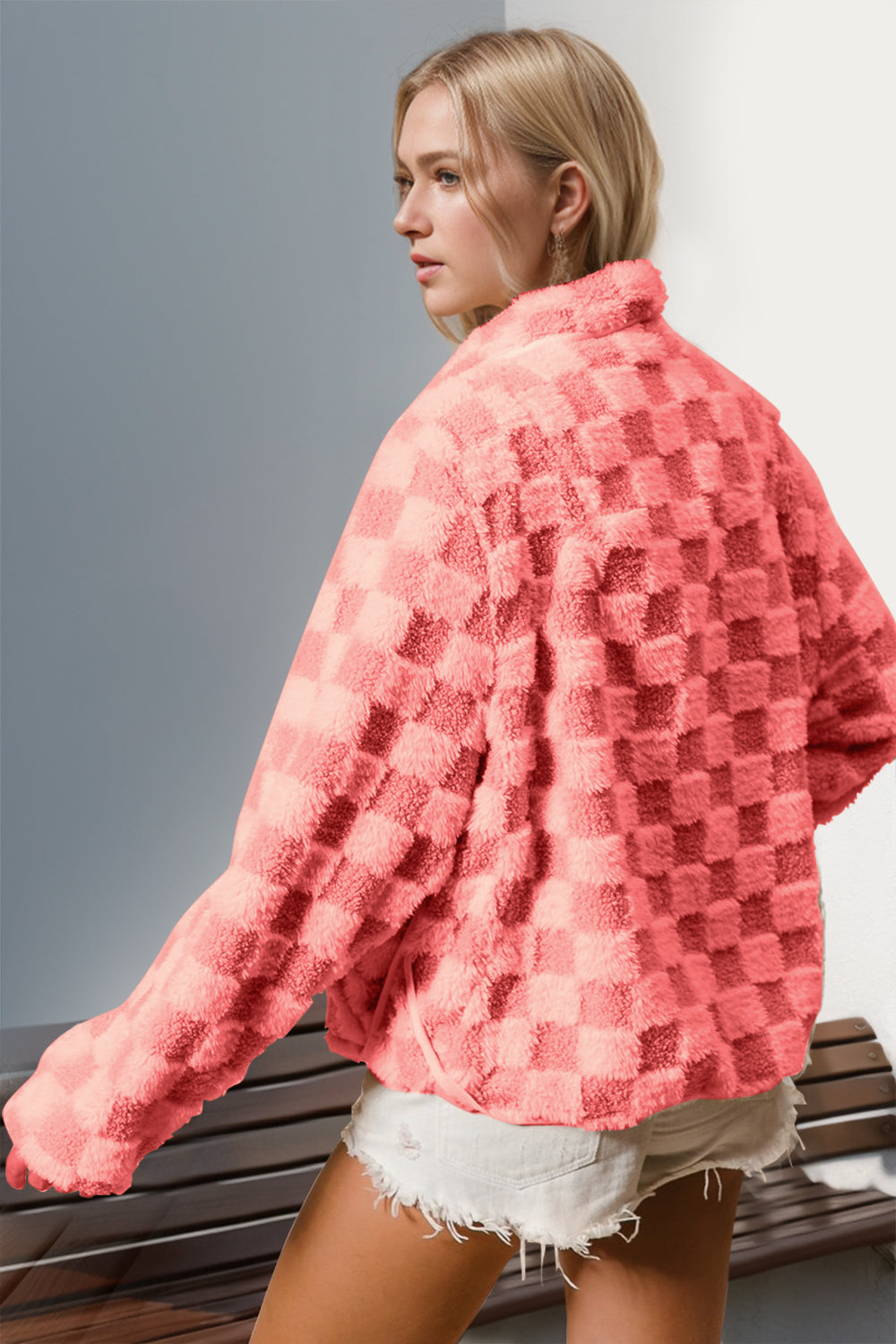 Women's Double Take Checkered Fuzzy Jacket | Cozy Long-Sleeve Winter Outerwear with Pockets