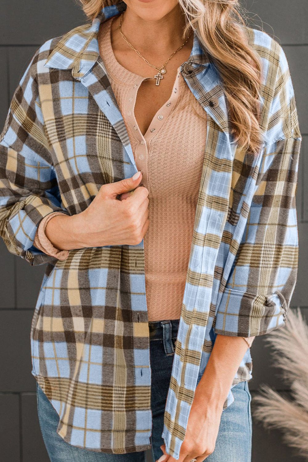 Women's Plaid Collared Neck Long Sleeve Button-Up Shirt with Pocket