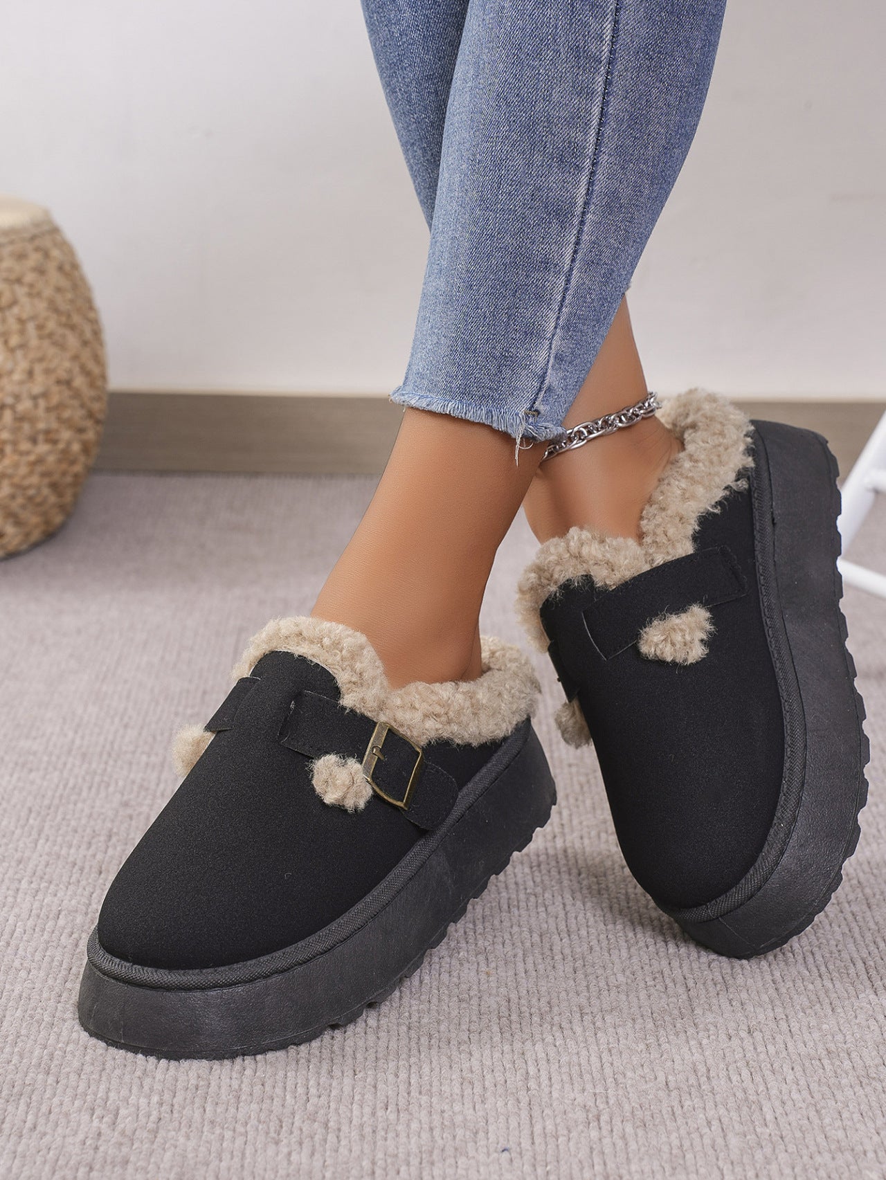 Warm and Cozy Women's Thermal Faux Fur Buckle Platform Slippers | Ultra Soft and Comfortable