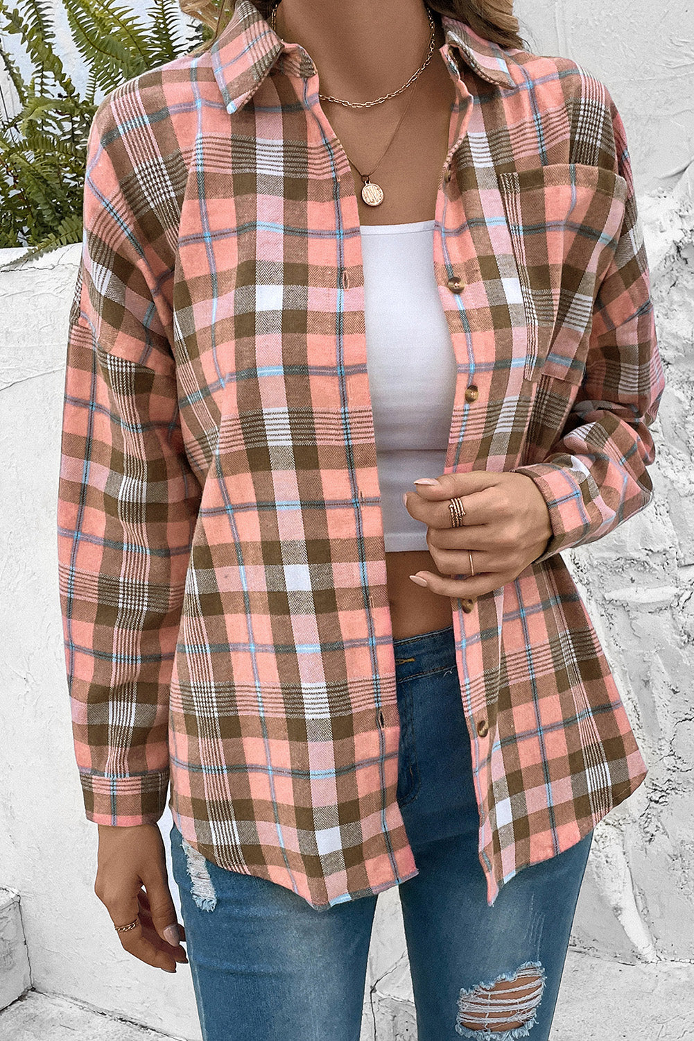 Women's Plaid Collared Neck Long Sleeve Button-Up Shirt with Pocket