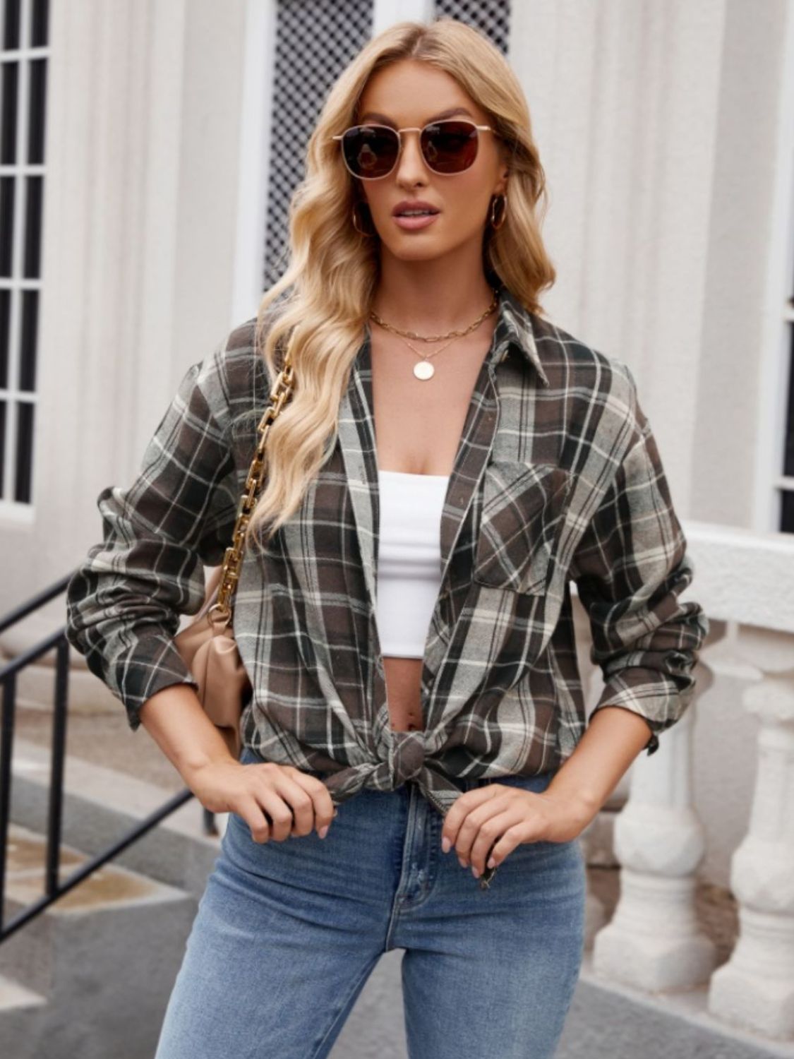 Women's Long Sleeve Plaid Shirt with Pockets - Stretchy Polyester Collared Button-Up