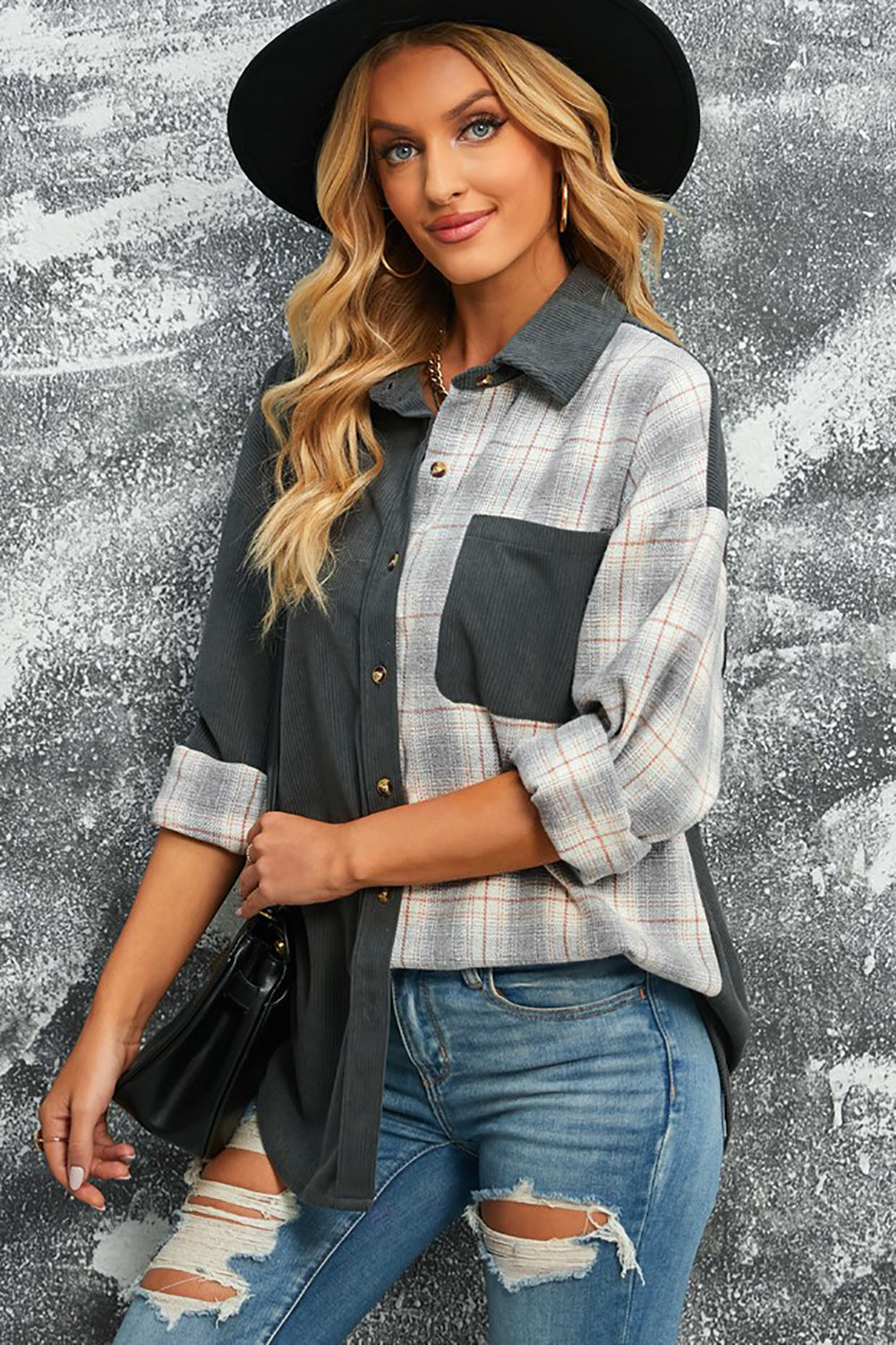 Women's Double Take Plaid Color Block Corduroy Shacket with Dropped Shoulders