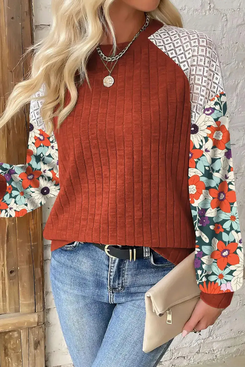 Women's Printed Long Sleeve Round Neck Top - Comfortable & Versatile Basic Blouse