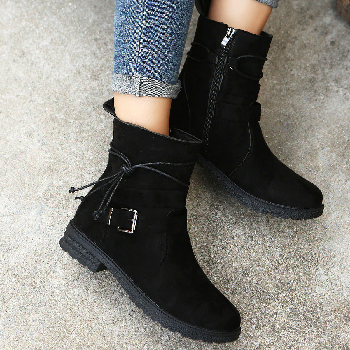 Stylish Women's Suede Side Zip Boots with Round Toe | All-Day Comfort Low Heel Footwear