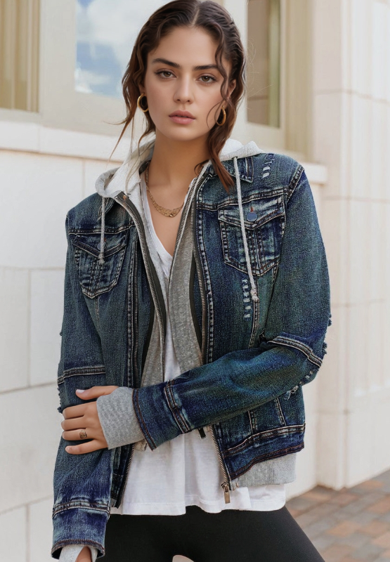 Stylish Women's Fake Two-Piece Denim Hoodie Jacket | Zip-Up with Distressed Accents and Pockets