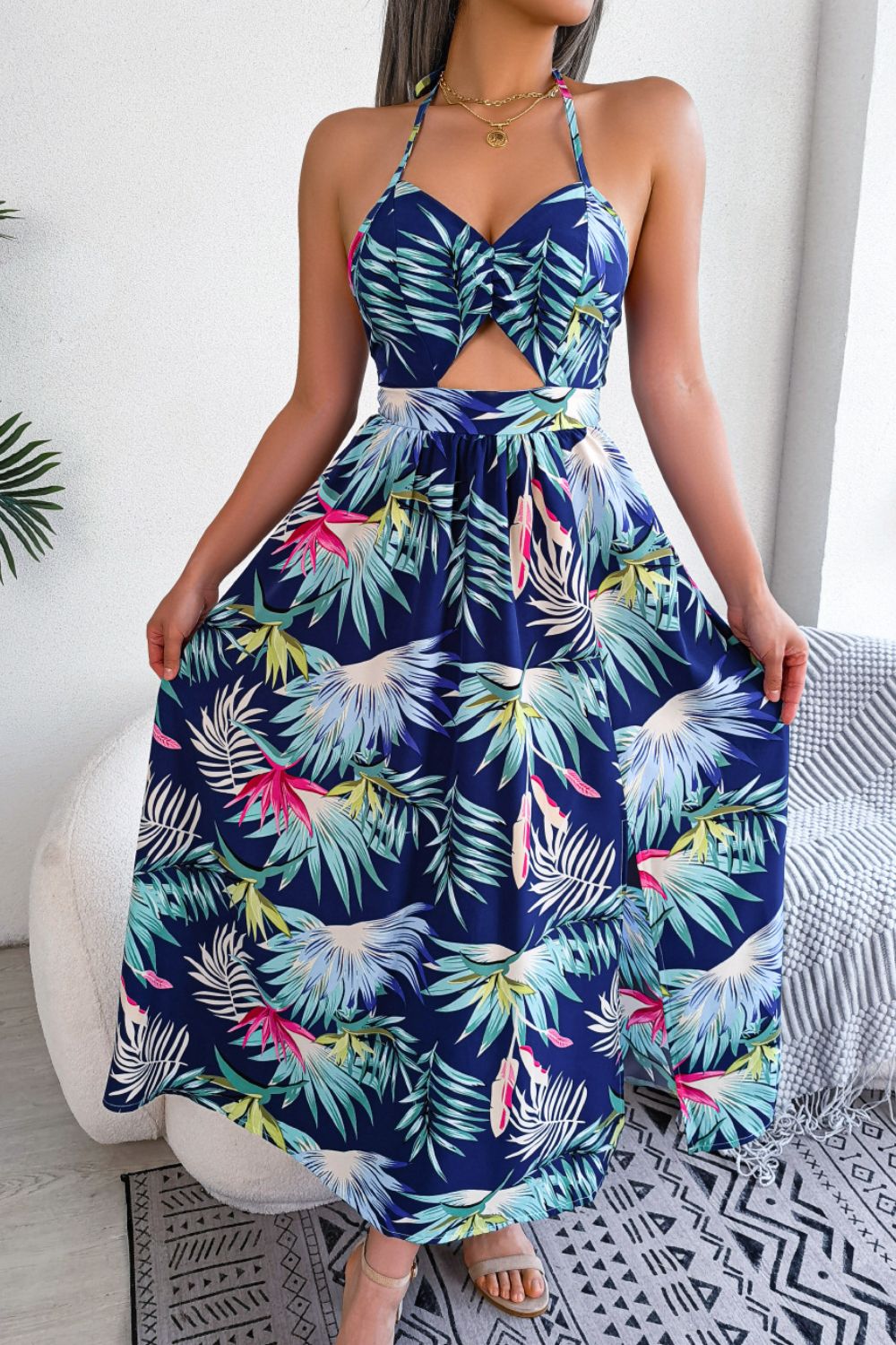 Boho Chic Botanical Print Dress with Tied Neckline and Cutout Slit for Women