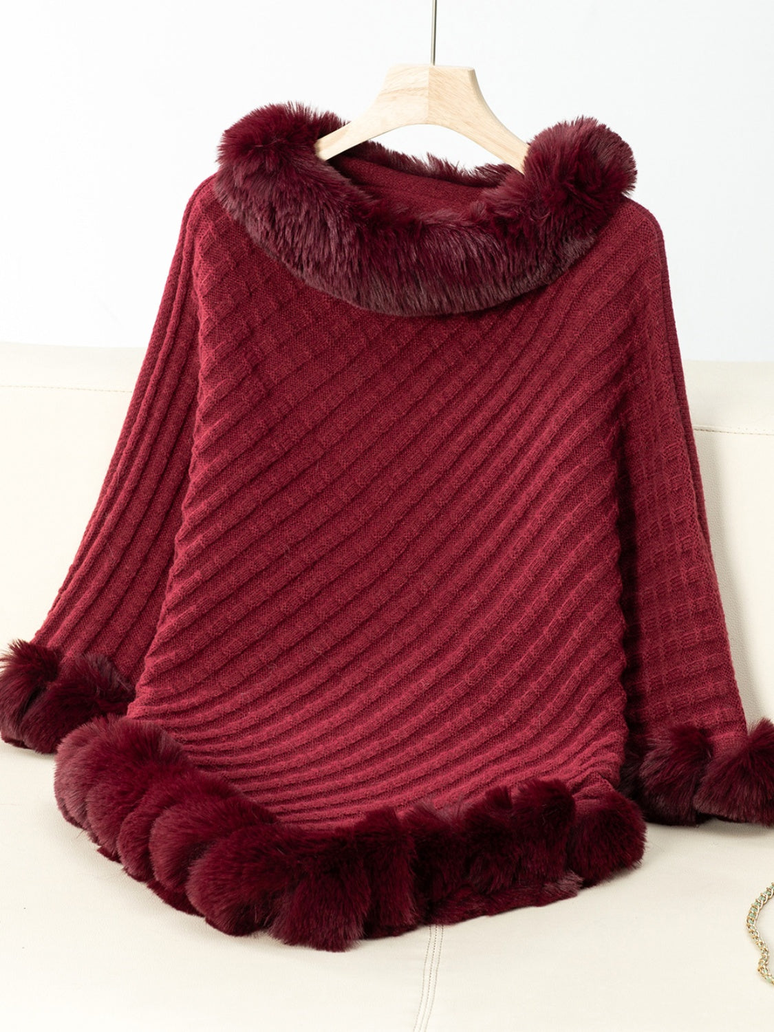 Women's Fuzzy Trim Three-Quarter Sleeve Poncho | Soft Acrylic Texture for Everyday Wear