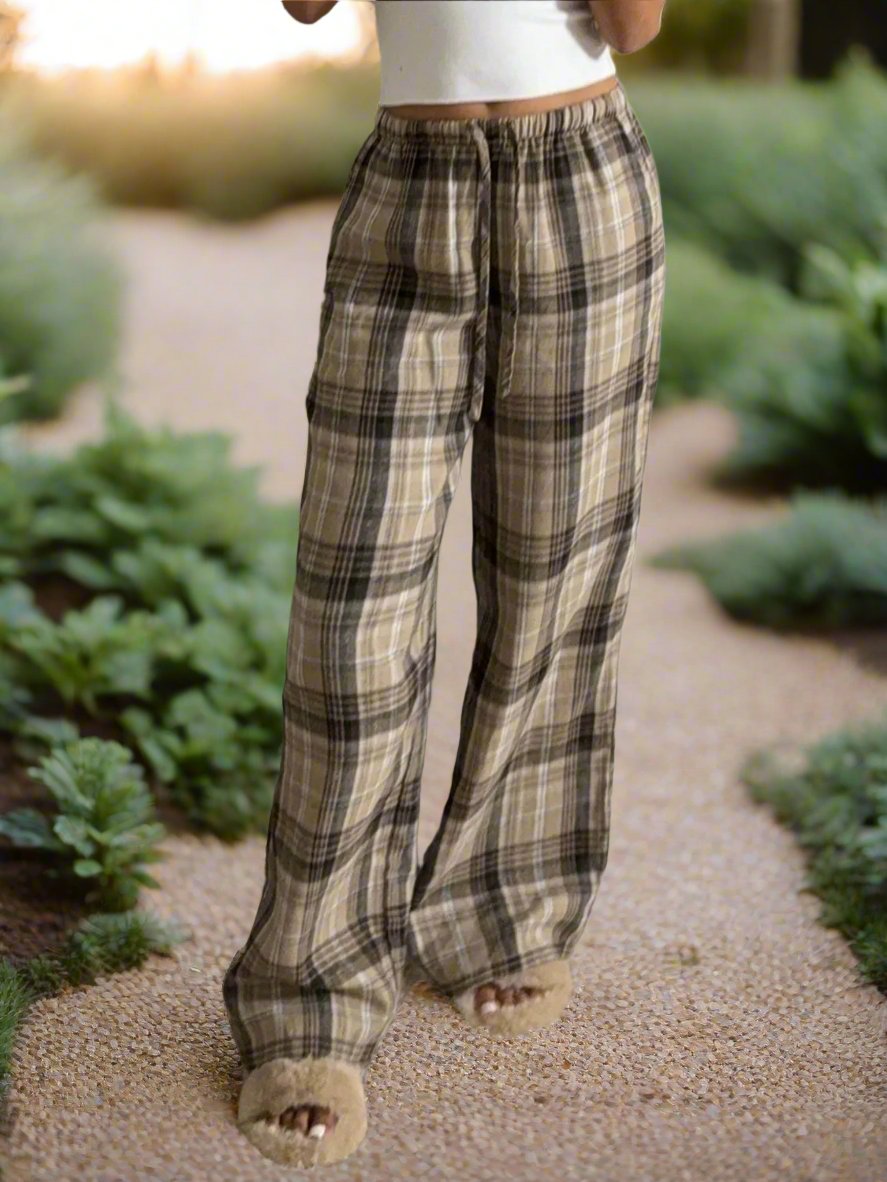 Women's Drawstring Plaid Wide Leg Pants | 100% Polyester | Stylish & Comfortable Trousers