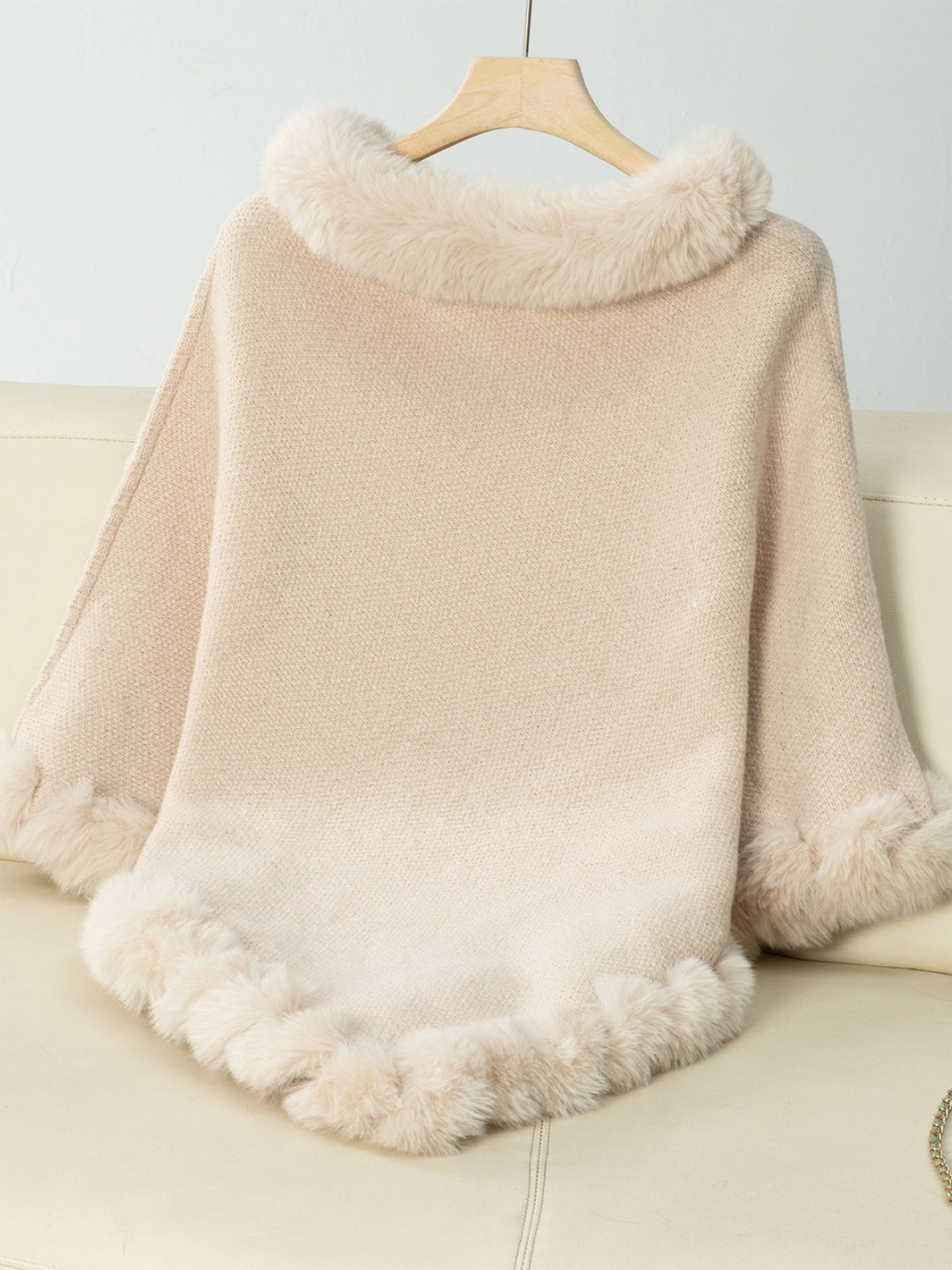 Women's Fuzzy Trim Three-Quarter Sleeve Poncho | Soft Acrylic Texture for Everyday Wear