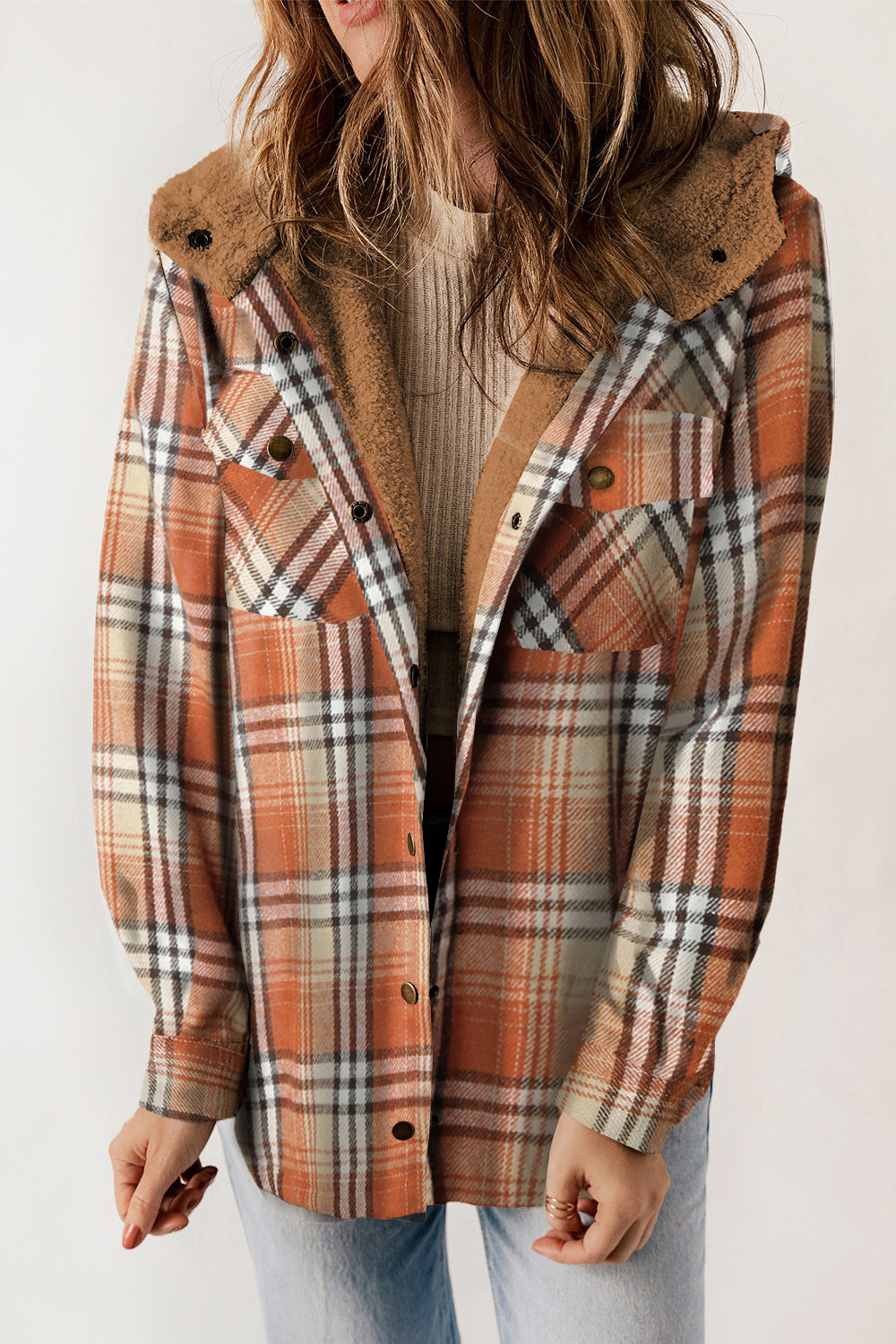 Women’s Plaid Hooded Jacket with Snap Front and Pockets - 100% Polyester Seasonal Outerwear