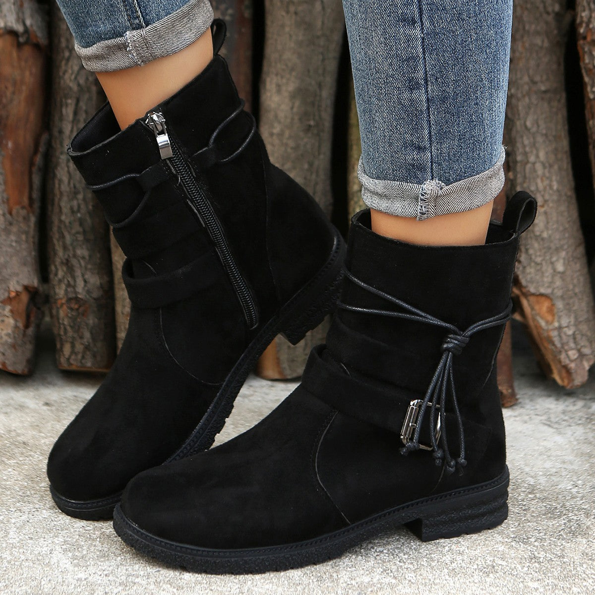 Stylish Women's Suede Side Zip Boots with Round Toe | All-Day Comfort Low Heel Footwear