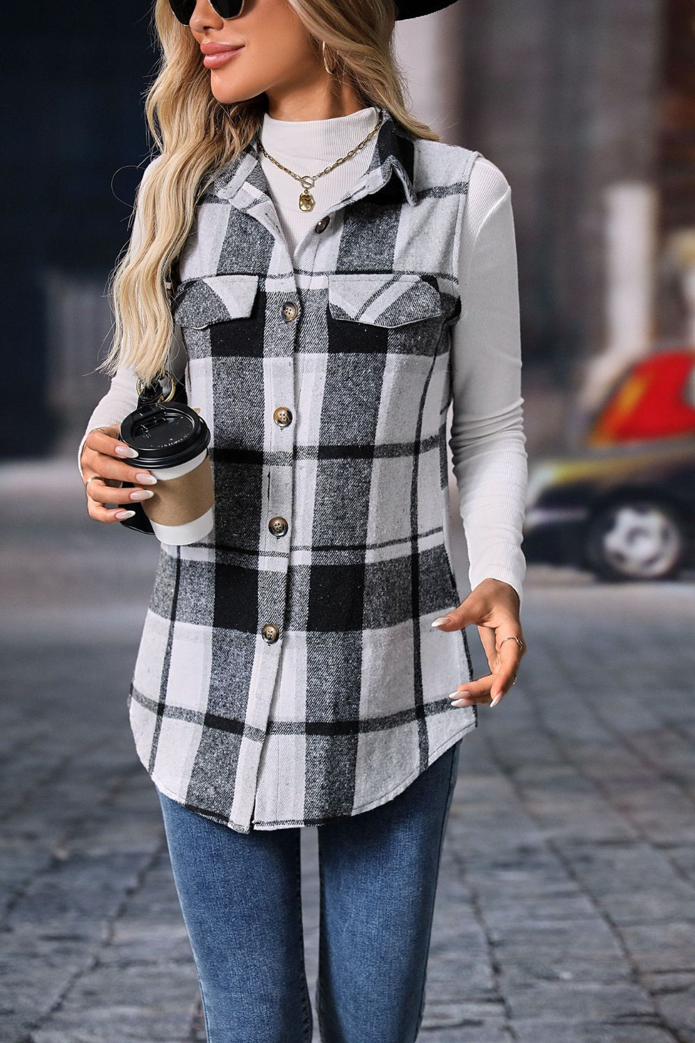 Women's Versatile Plaid Vest Coat with Button Closure - Ideal for Layering