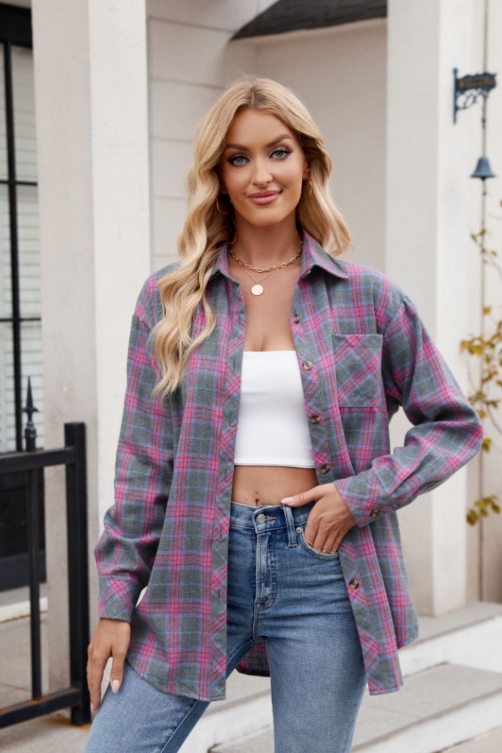 Women's Long Sleeve Plaid Shirt with Pockets - Stretchy Polyester Collared Button-Up