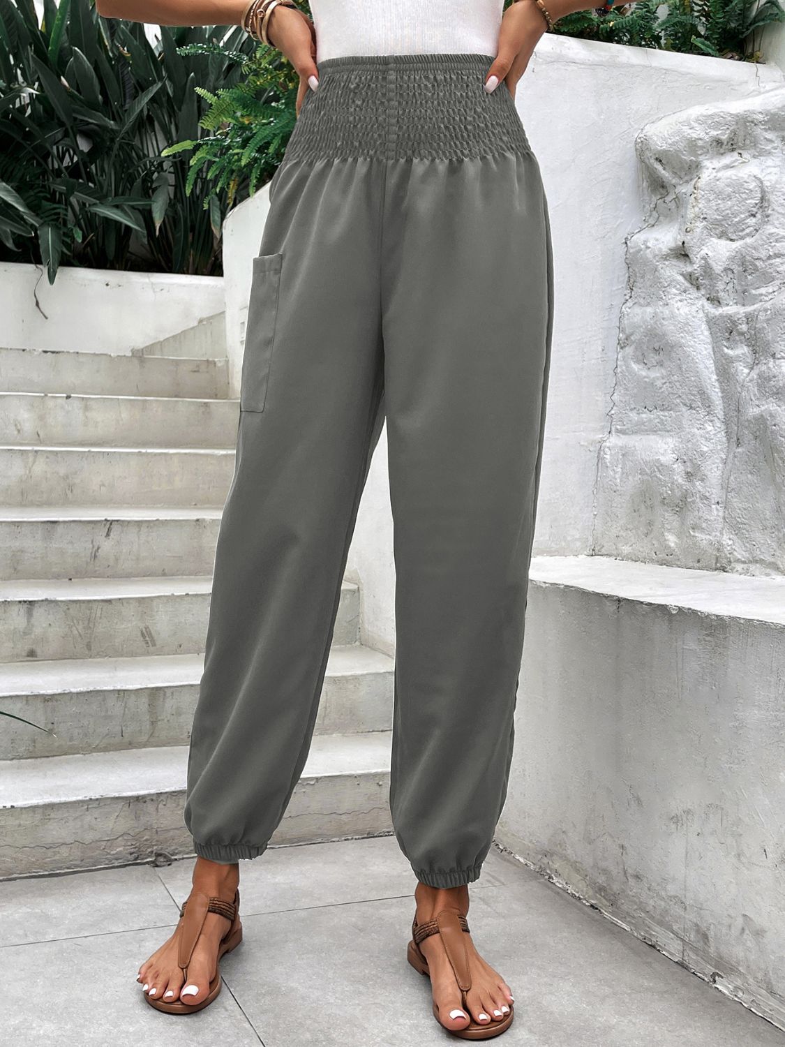 High Rise Smocked Joggers for Women with Pockets | Soft and Stretchy Polyester-Spandex Blend