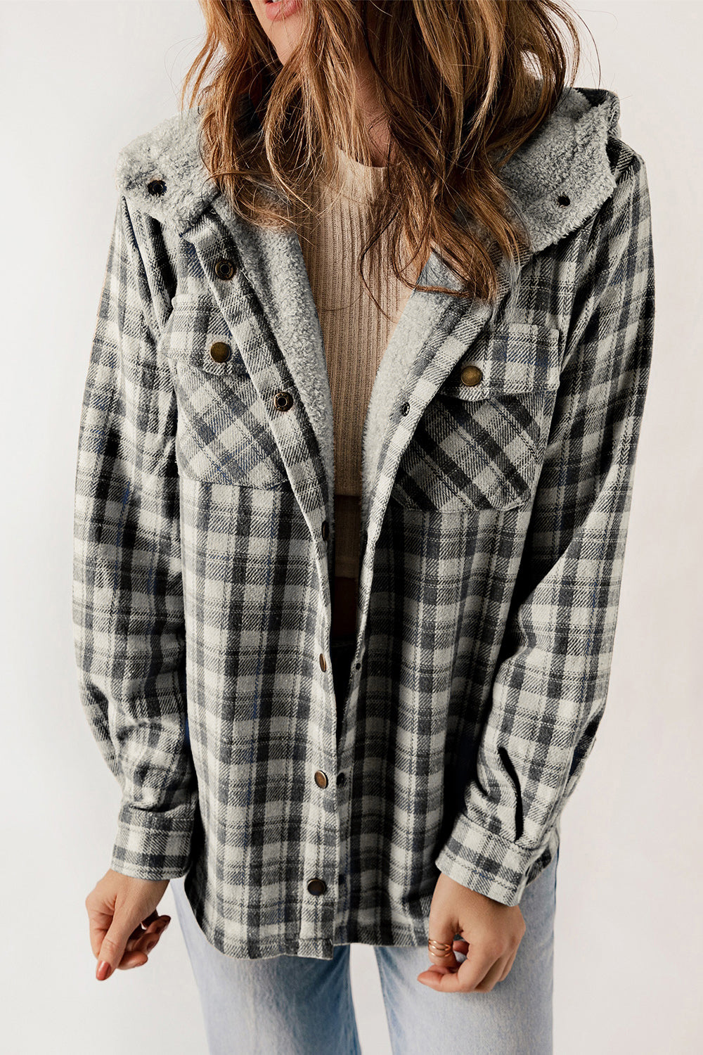 Women’s Plaid Hooded Jacket with Snap Front and Pockets - 100% Polyester Seasonal Outerwear