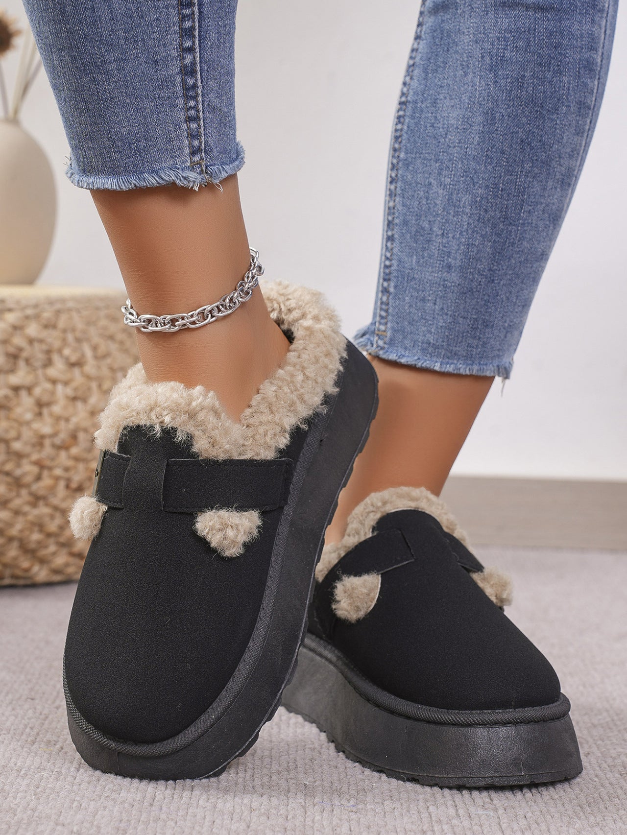 Warm and Cozy Women's Thermal Faux Fur Buckle Platform Slippers | Ultra Soft and Comfortable