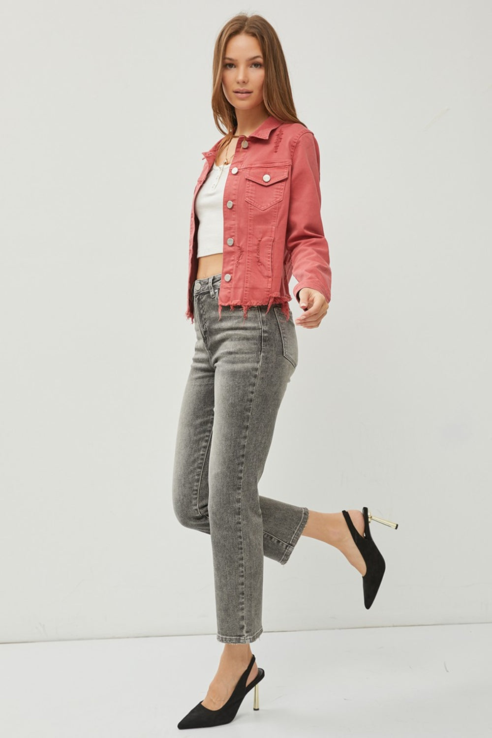 Women's RISEN Cropped Denim Jacket with Raw Hem and Button-Up Style