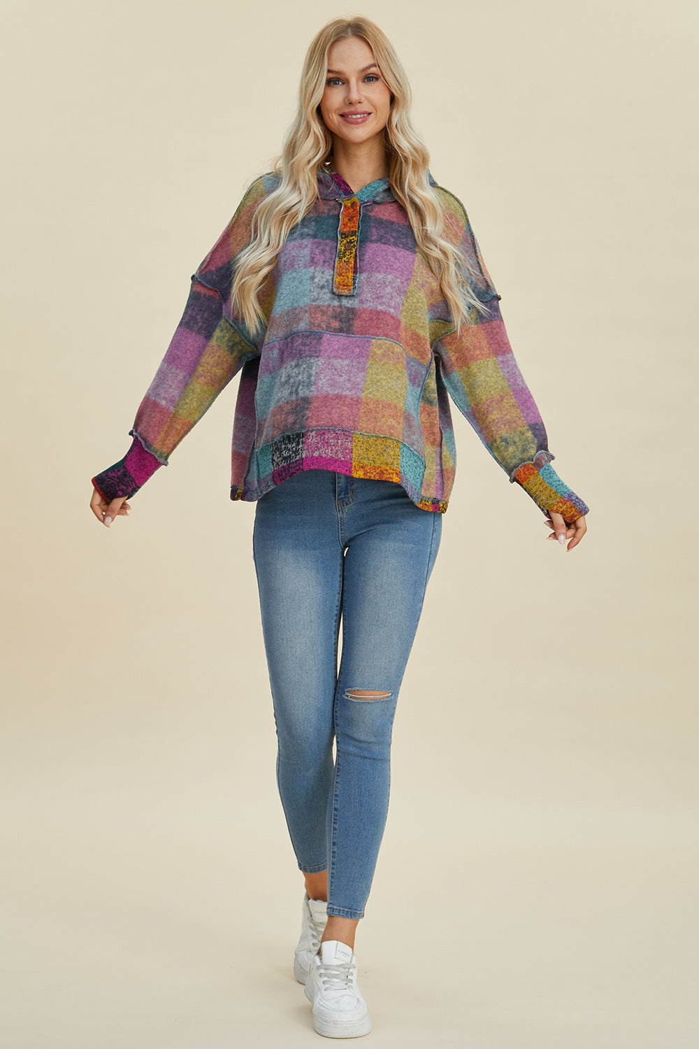 Women’s Oversized Plaid Hoodie with Dropped Shoulders and Pocket