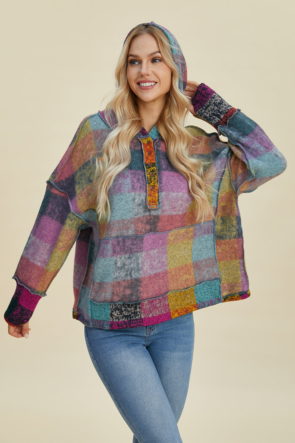 Women’s Oversized Plaid Hoodie with Dropped Shoulders and Pocket