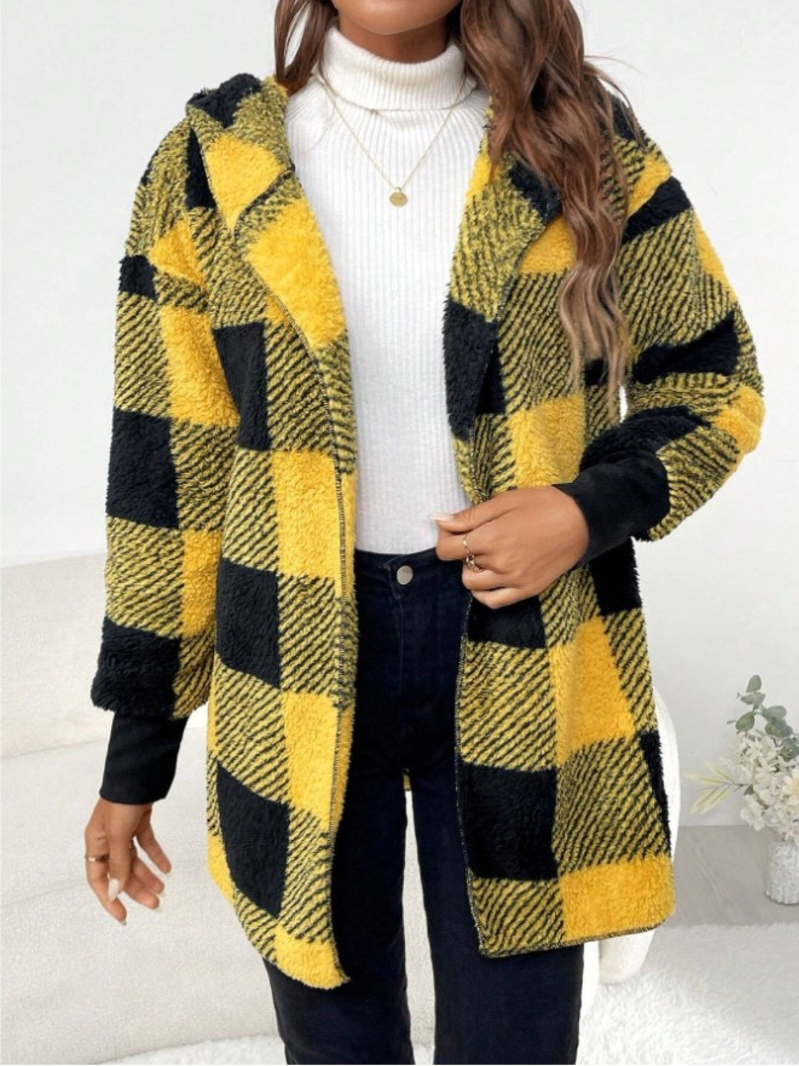 Women's Plaid Long Sleeve Hooded Coat with Comfortable Non-Lined Design