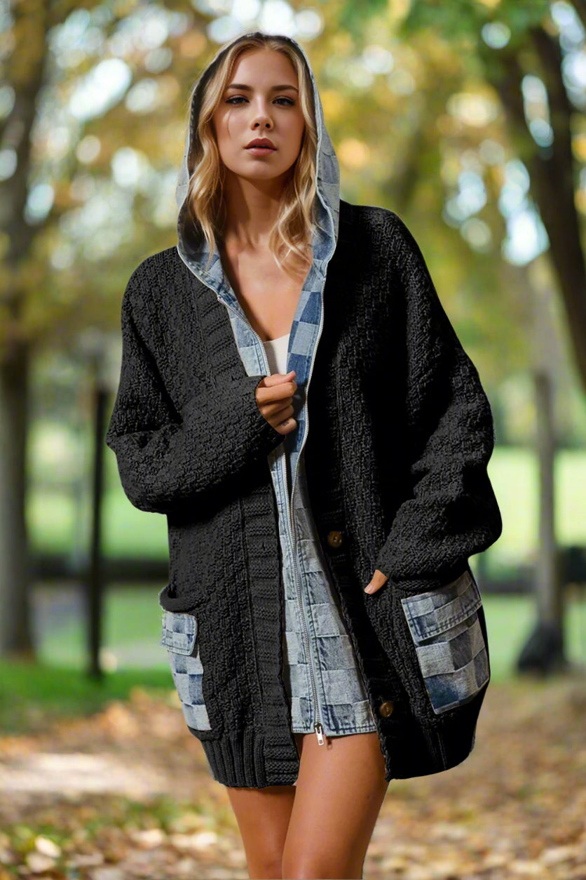 Double Take Women's Hooded Denim Spliced Sweater Cardigan | Stylish Sweater for Cozy Layering with Pockets