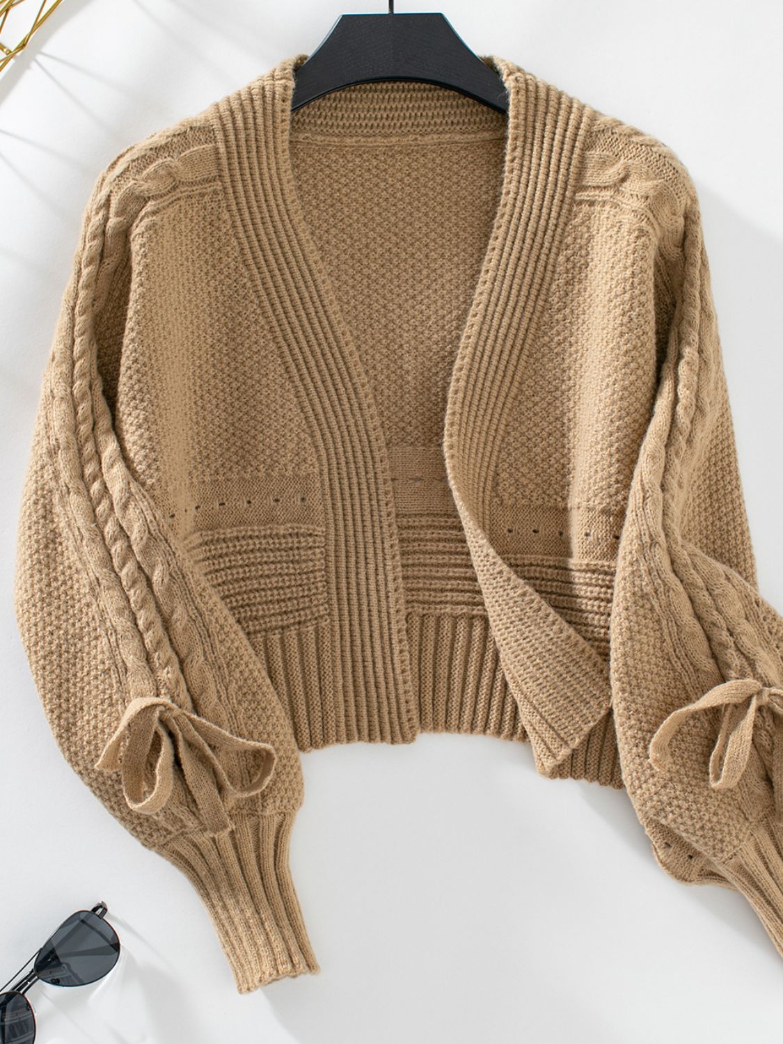 Women's Cable-Knit Lantern Sleeve Open Front Cardigan with Tied Details | Soft and Versatile Knitwear