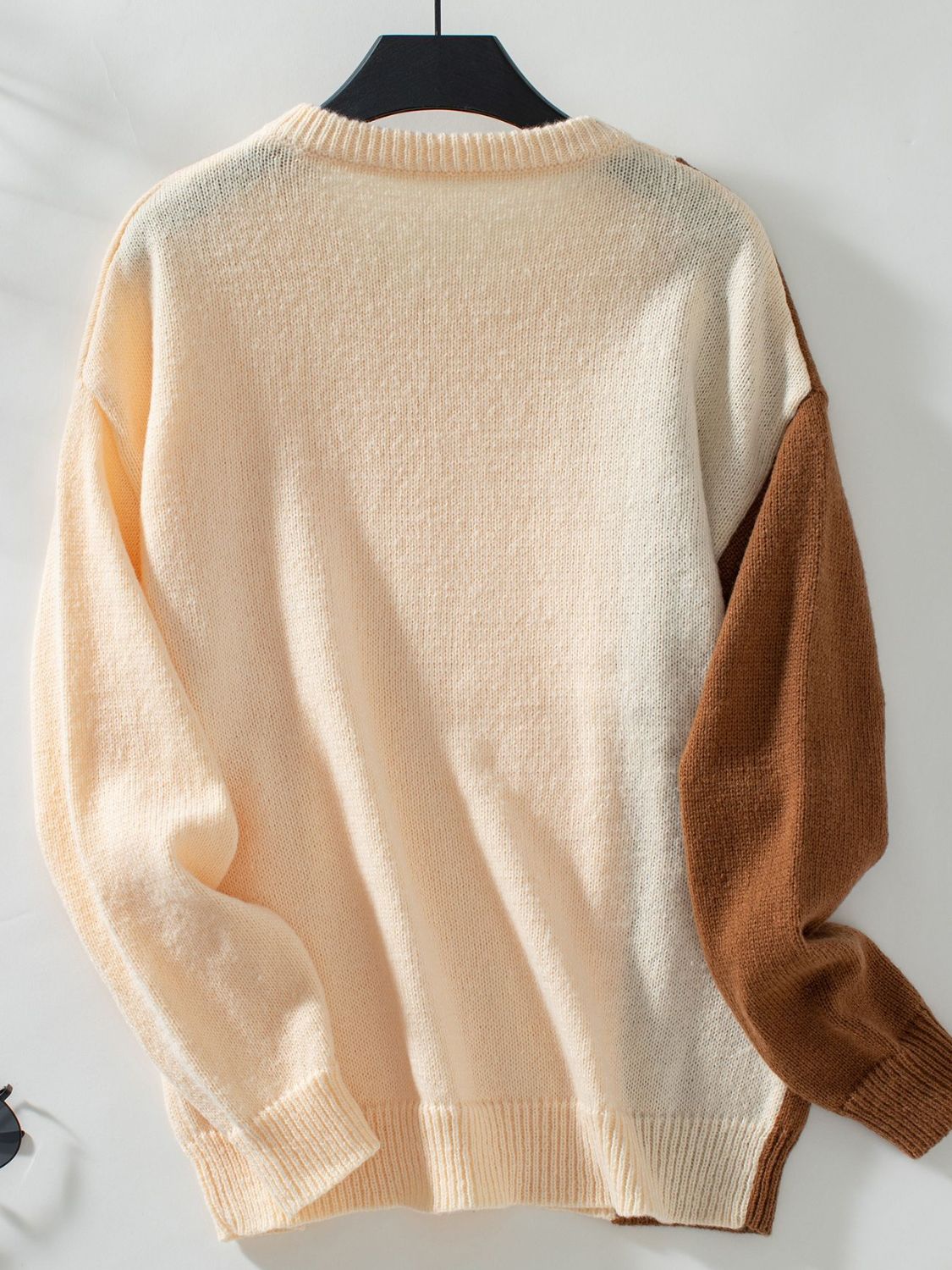 Women’s Two Tone Cable Knit Sweater | Round Neck Long Sleeve Top