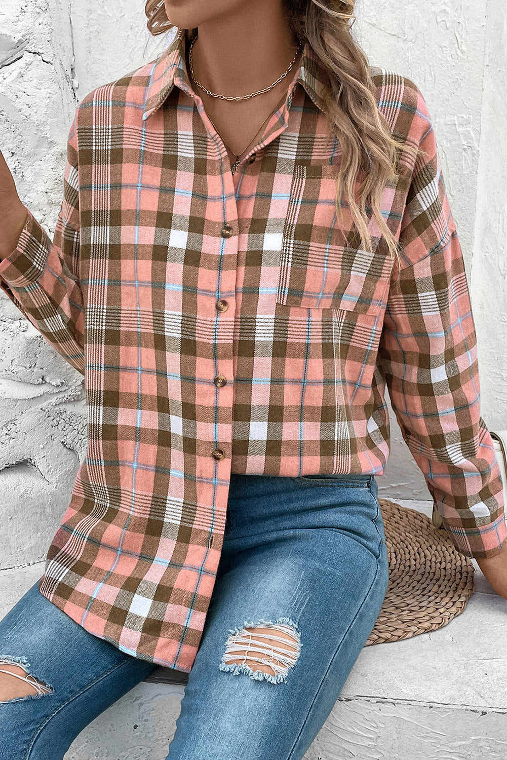 Women's Plaid Collared Neck Long Sleeve Button-Up Shirt with Pocket