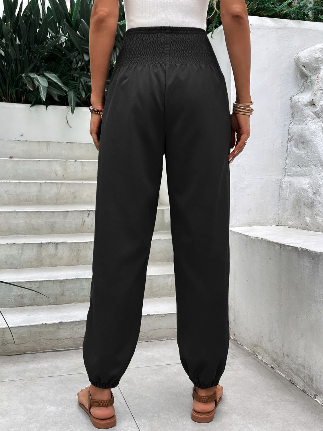 High Rise Smocked Joggers for Women with Pockets | Soft and Stretchy Polyester-Spandex Blend