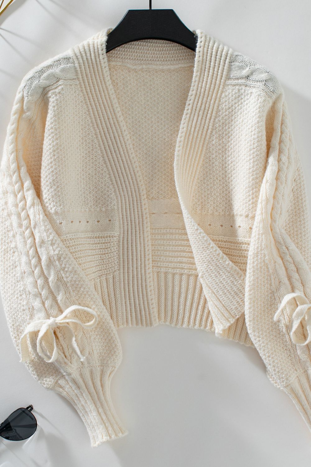 Women's Cable-Knit Lantern Sleeve Open Front Cardigan with Tied Details | Soft and Versatile Knitwear